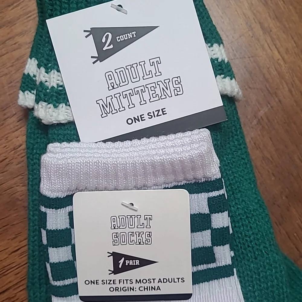 New with tags! Green and White Warm Mittens with Matching Socks Set